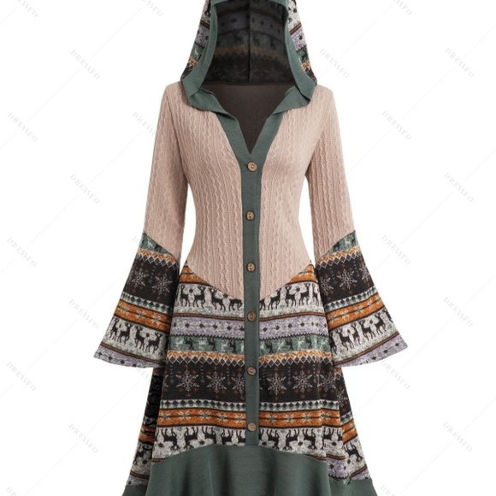 DRESSLILY Hooded Knit Dress with Button Front